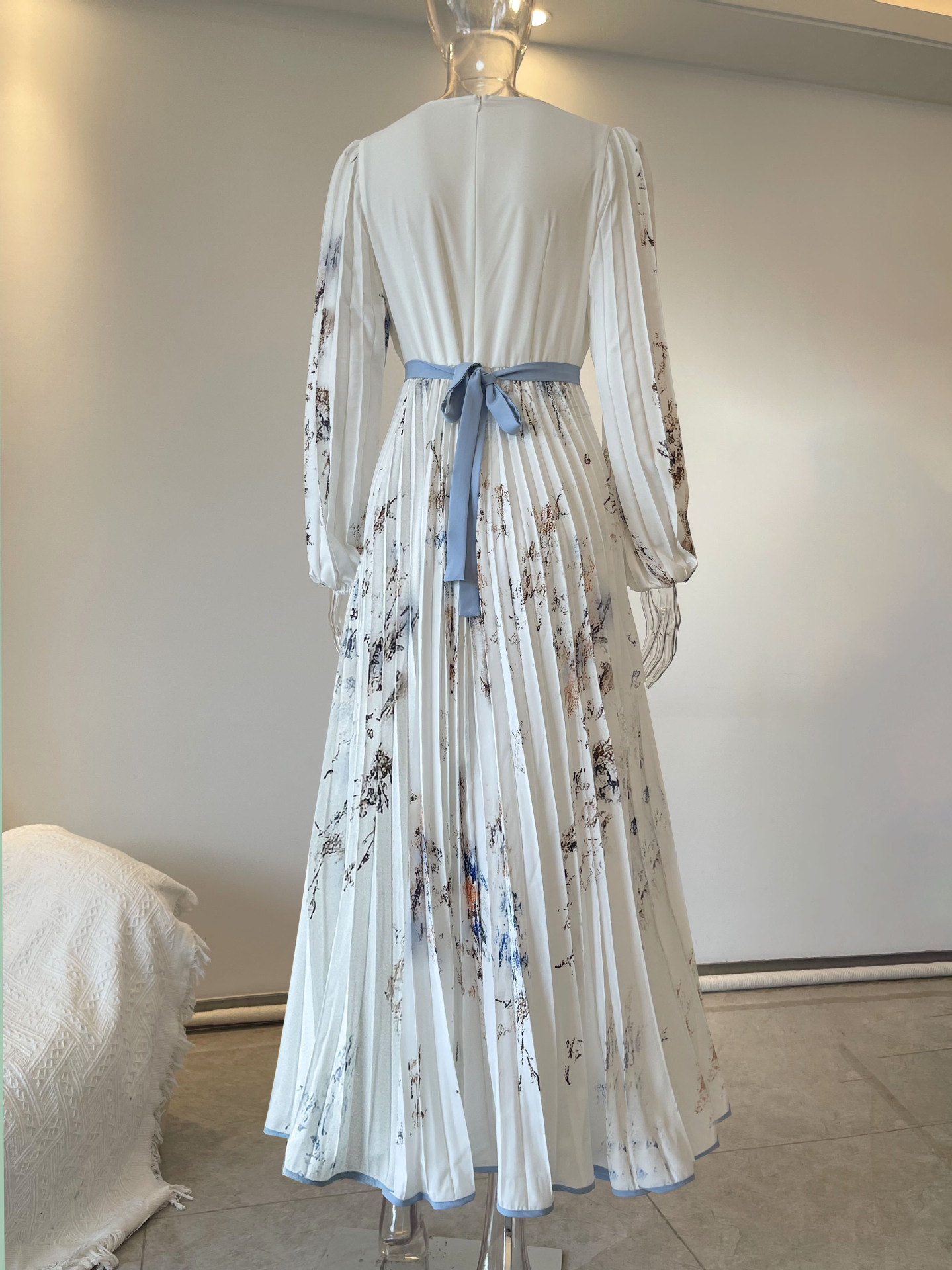 Elegant Floral Maxi Dress Women Long Sleeve Boho A-Line Pleated Dresses